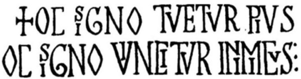 "Con este signo es protegido el hombre piadoso y vencido el enemigo". Inscripción latina en la Cruz de la Victoria, siglos IX-X. Asturias.